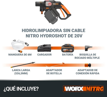HIDROLIMPIADORA WORX NITRO HYDROSHOT 24V - MOTOR BRUSHLESS 56 BAR CON BATERÍA 4.0Ah Y CARGADOR