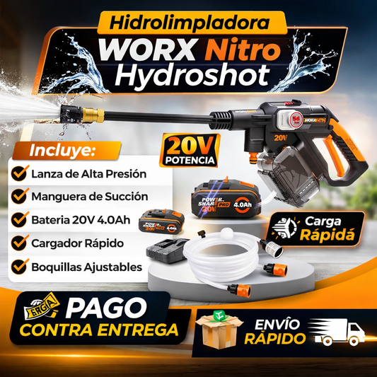 HIDROLIMPIADORA WORX NITRO HYDROSHOT 20V - MOTOR BRUSHLESS 56 BAR CON BATERÍA 4.0Ah Y CARGADOR